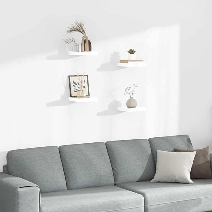 Floating Wall Shelves Set of 4, High Gloss White Modern Display with Invisible Mounting, 9.1x9.3x1.5 Inch MDF Wall Mounted Shelves for Living Room, Bathroom, Office Decor, Books and Collectibles