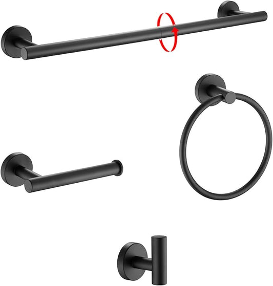Matte Black Towel Bar Set,18in Bathroom Hardware Accessories Set Wall-Mounted Adjustable 304 Stainless Steel Round 4-Piece Bathroom Accessories Kit