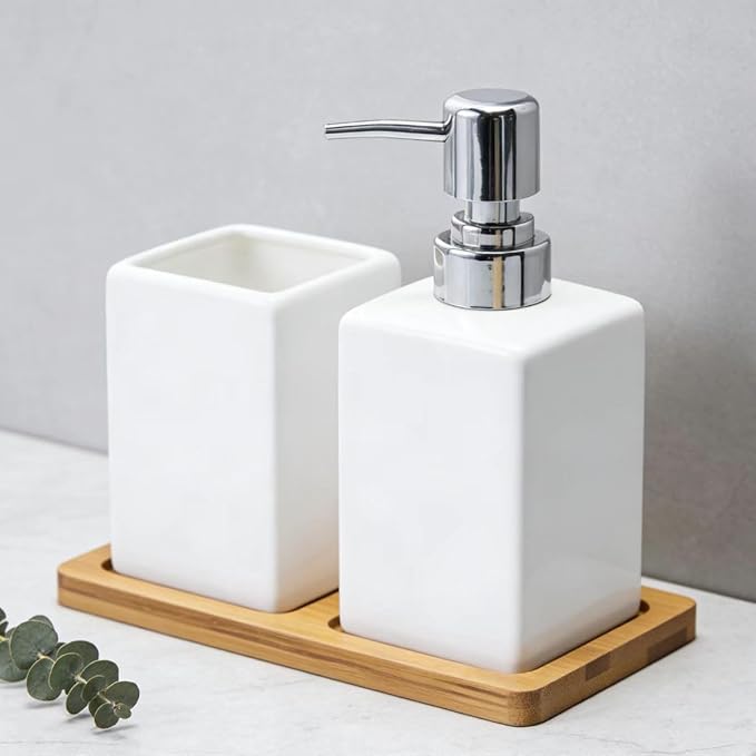 White Bathroom Accessories Set,Ceramic Soap Dispenser and Toothbrush Holder with Tray,Modern Decor Square Countertop Bath Set with Toothbrush Cup