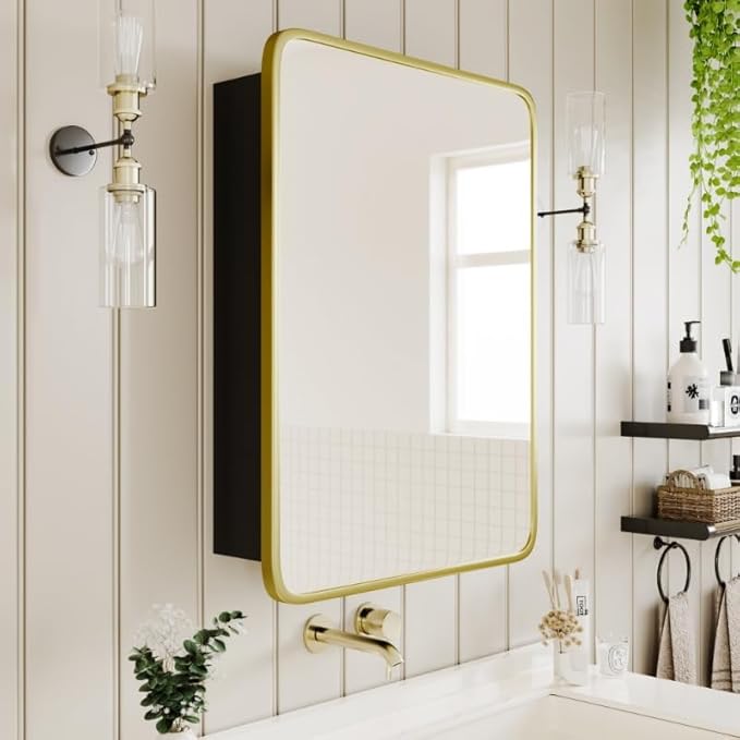 AGDULL Vintage-Style Bathroom Wood Black Cabinet with 16.5''x24'' Brushed Gold Metal Frame Curved Mirror, Recessed Medicine Cabinet, Bathroom Storage Cabinet
