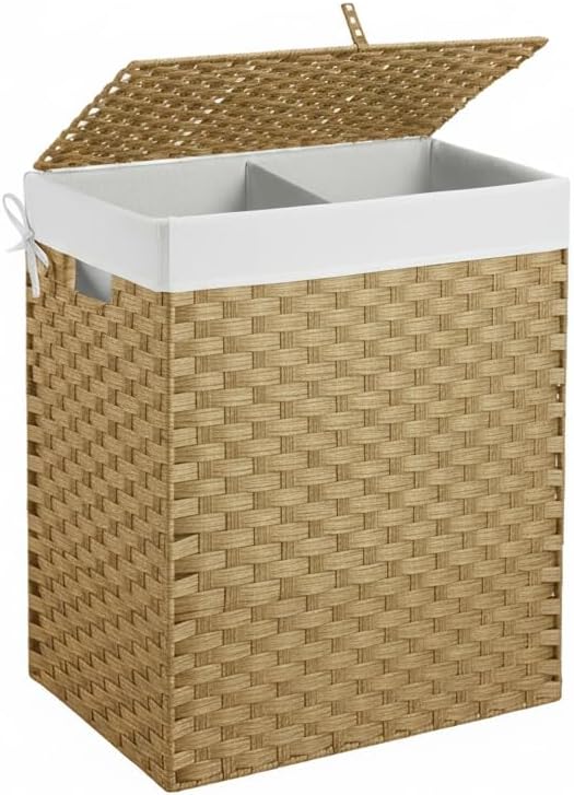 Wicker Laundry Hamper with Lid,90L(24Gal) Foldable Laundry Basket with Removable,Machine Washable 2-Section Liner and Handles,Yellow Rattan Hamper for Organization and Storage