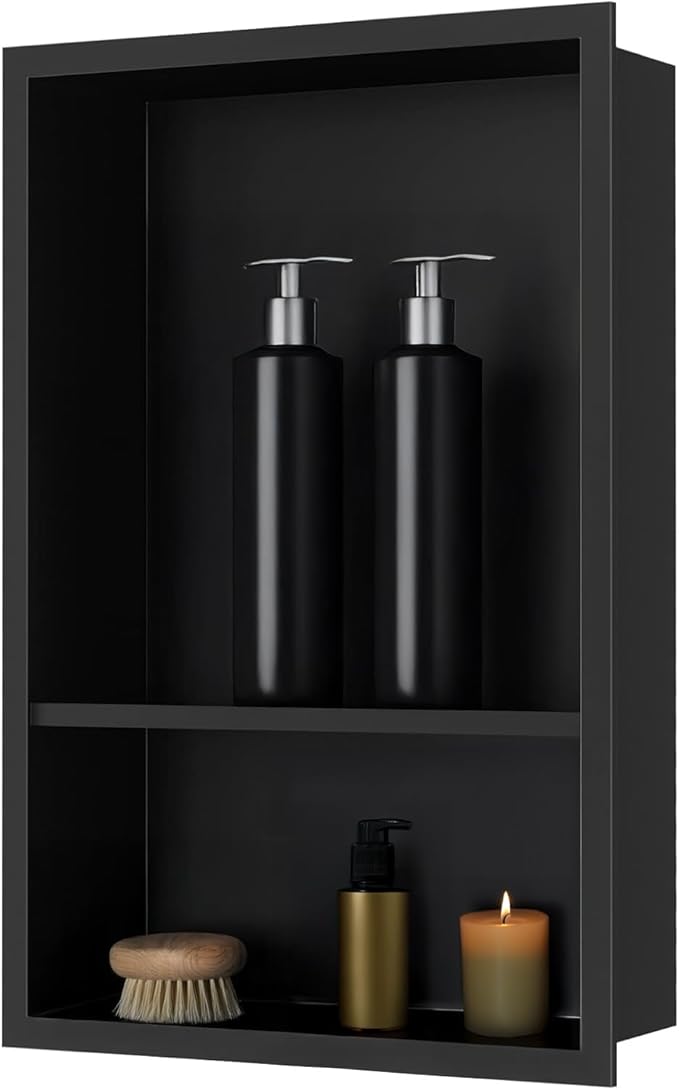SaniteModar Shower Niche, Stainless Steel Shower Niche No Tile Needed, Recessed for Bathroom Storage (Black, 18" x 12" Double)