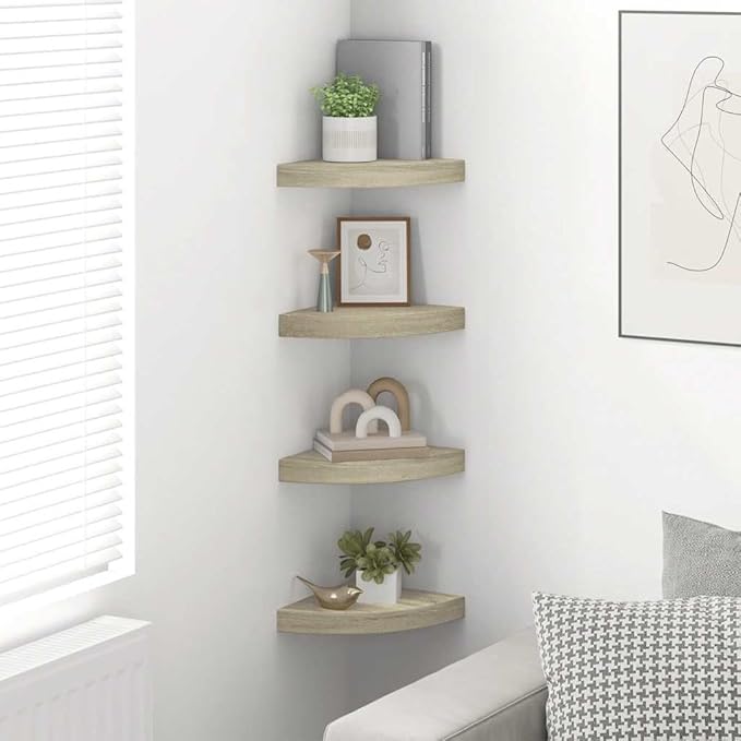 Corner Shelf Set of 4, 9.8-Inch Floating Wall Shelves for Bedroom, Living Room, and Office, Modern Oak MDF Storage Organizer for Home Decor and Books