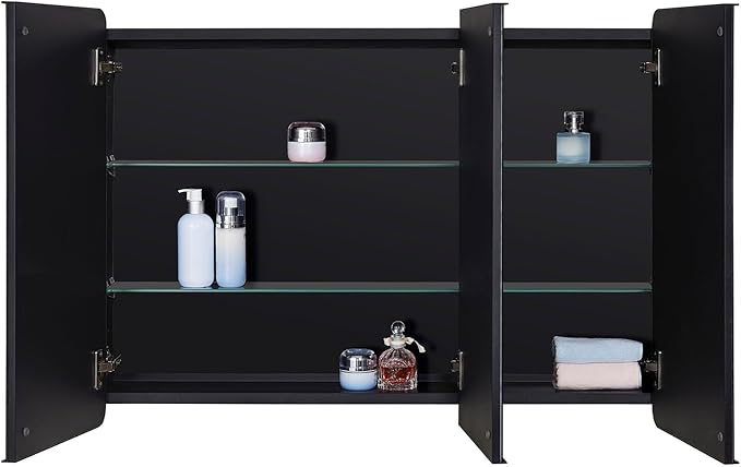IDYLLOR Bathroom Mirror Medicine Cabinet with Round Corner Framed Door 36 x 26 inch, Black，Recessed or Surface Mount, with Adjustable Glass Shelves