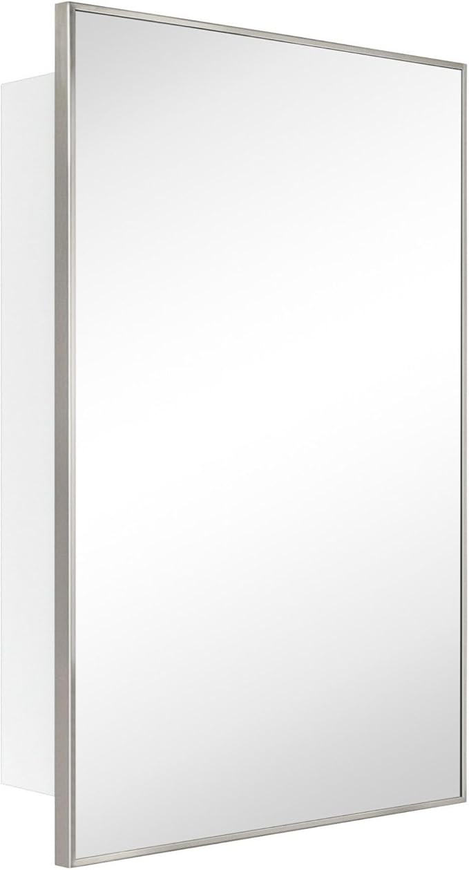 TEHOME 24'' x 30'' Brushed Nickel Recessed and Surface Mount Bathroom Nickel Medicine Cabinet with Mirror Square Cornered Metal Framed Rounded Rectangle Medicine Cabinet Mirror