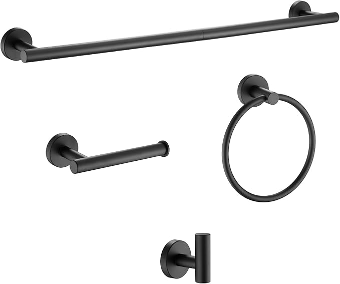 Bathroom Towel Holder Set, 4-Piece Towel Bar Set 24 Inch Matte Black Wall Mounted Bathroom Hardware Accessories Set, Adjustable Stainless Steel Round