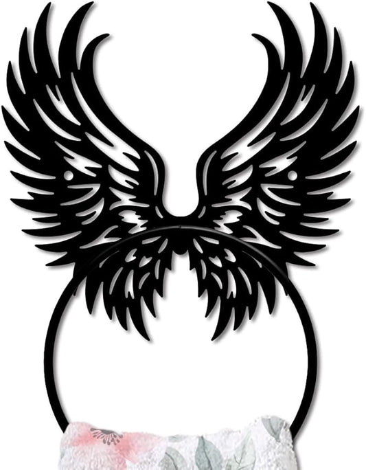 MAYJOYDIY Angel Wings Metal Towel Ring Feather Wings Towel Holder Bath Towel Ring for Wall Black Art Towel Rack Wall Mounted for Bathroom Kitchen Towel Hanger Home Decors Gift
