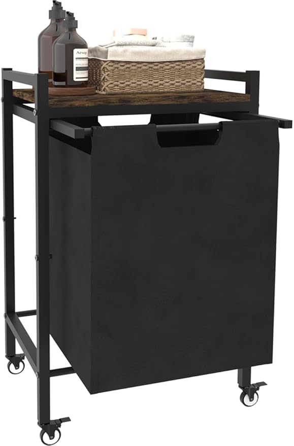 14.5 Gal Large Laundry Hamper with Wheels, Pull-Out & Removable Sorter Bags, Freestanding Clothes Basket Organizer for Clothing or Toys in Bathroom and Living Room, Rustic Brown and Black