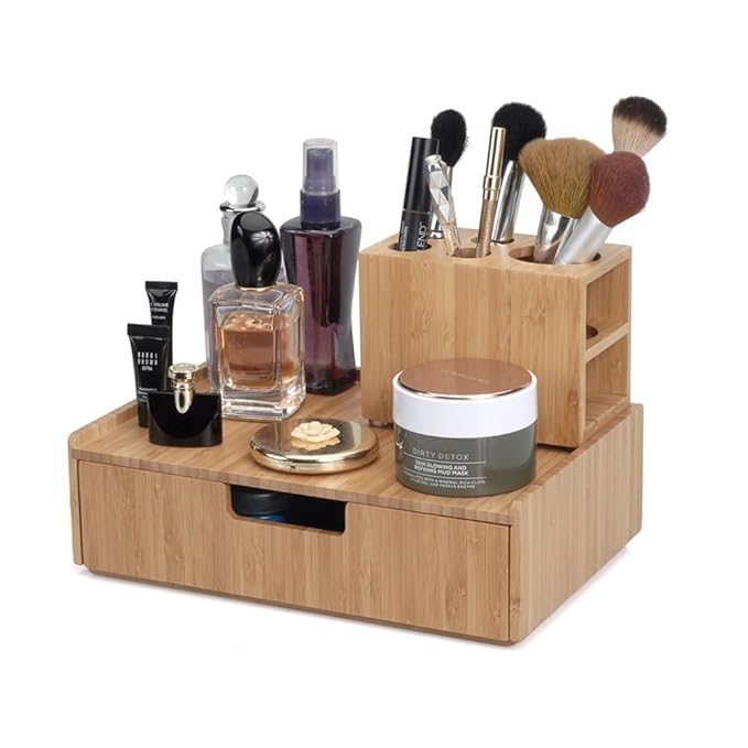 MobileVision Bamboo Makeup Drawer Organizer with 5-Compartment Brush Holder Stand Combo