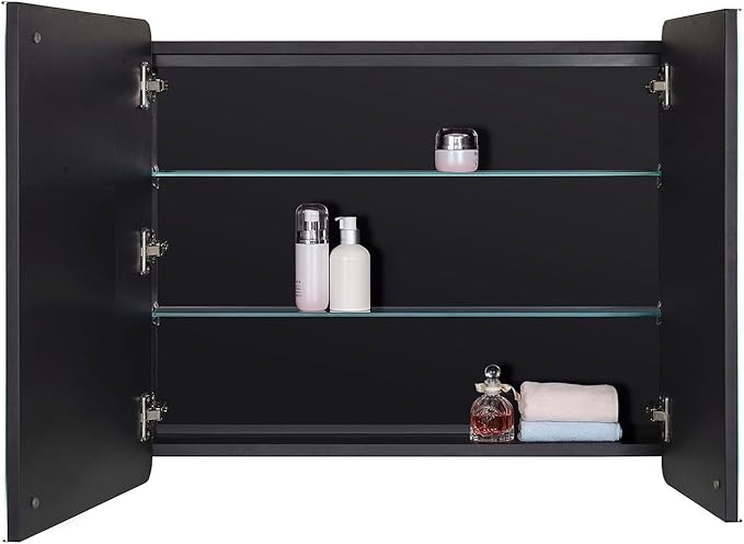 IDYLLOR Lighted Bathroom Medicine Cabinet with Round Corner Framed Mirror Door 30 x 25.6 inch, Recessed or Surface Mount, with Adjustable Glass Shelves