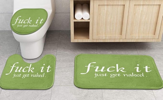 ArtSocket 4PC Green Funny Get Naked Shower Curtain Sets Bathroom Decor with Rugs, Non-Slip Rug,Toilet Lid Cover, Bath Mat and 12 Hooks 72x72 inches