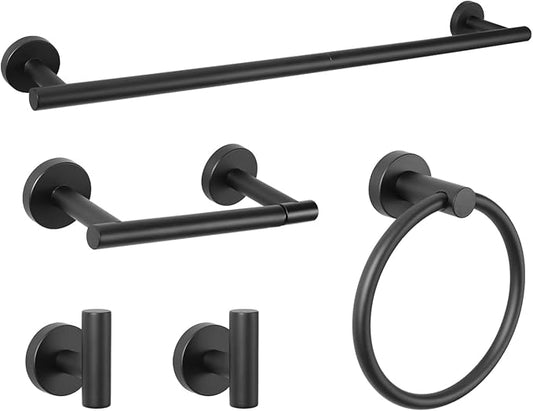5-Piece Towel Racks for Bathroom, Stainless Steel Bathroom Accessories Set, Bathroom Towel Holder Wall Mounted, Sturdy Bath Towel Bar Set Bathroom Hardware Set (Matte Black, 2 Pillar Paper Holder)