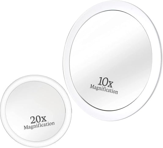 MIRRORVANA 20X & 10X Magnifying Mirror Set with 3 Suction Cups Each - Compact & Travel Ready Mirror for Makeup - Sizes: 6" and 4" Wide