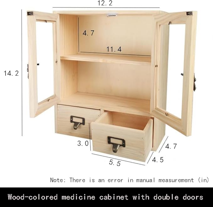 RZGKLSH Countertop Medicine Cabinet - 12.2"x4.7"x14.2"Vintage Cabinet - Pantry Storage - Glass & Wood Storage Cabinets with Doors and Shelves - Floating Shelf (Burlywood)