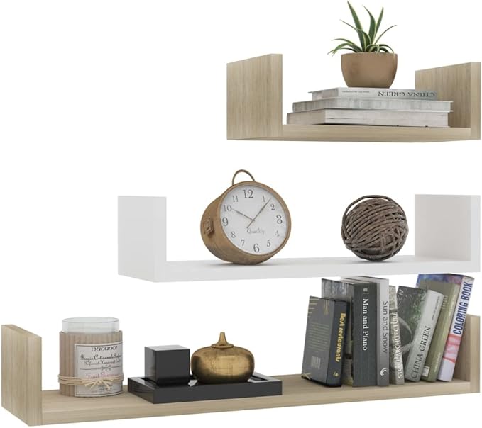 3-Pack Wall-Mounted Floating Shelves White & Sonoma Oak Engineered Wood Decorative Storage Shelves Set for Bathroom Kitchen Living Room Bedroom (23.6",17.7",11.8")