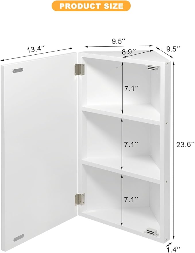 Bathroom Corner Medicine Cabinet with Mirror, Corner Wall Mount Medicine Cabinet with 3 Storage,Small Corner Cabinet for Bathroom, Opens Right to Left, 2 Fixed Shelves,White,24x14