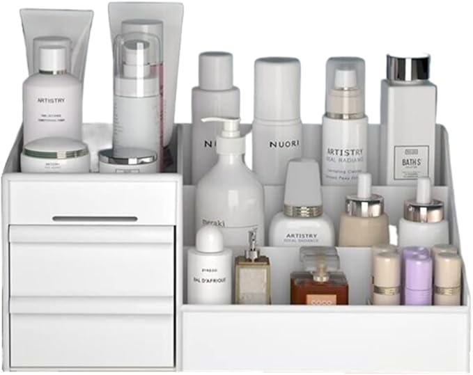 Jilukibo Large Capacity Makeup Organizer for Bathroom Bedroom, Cosmetic Storage Box with Drawers, Desktop Makeup Container for Jewelry Lipstick Skin Care (White)