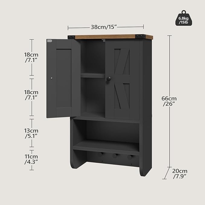 MAHANCRIS Bathroom Wall Cabinet, Farmhouse Medicine Cabinet with Adjustable Shelf, 3-Tier Wall-Mounted Storage Cabinet with 3 Hooks and Open Shelf, for Bathroom, Living Room, Kitchen, Black and Walnut