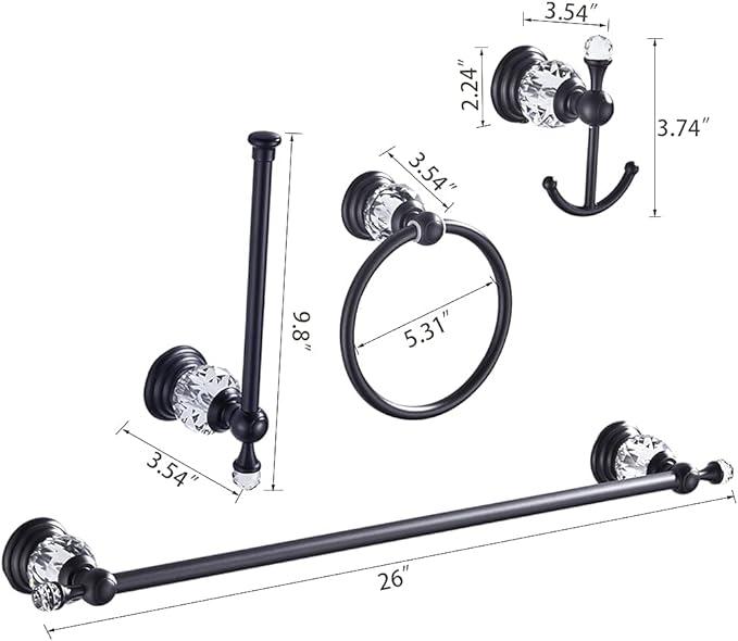 Leyden Crystal Bathroom Hardware,Matte Black Adjustable 24 Inch Towel Bar Toilet Paper Holder Towel Ring Coat Hooks 4 Pieces Wall Mounted