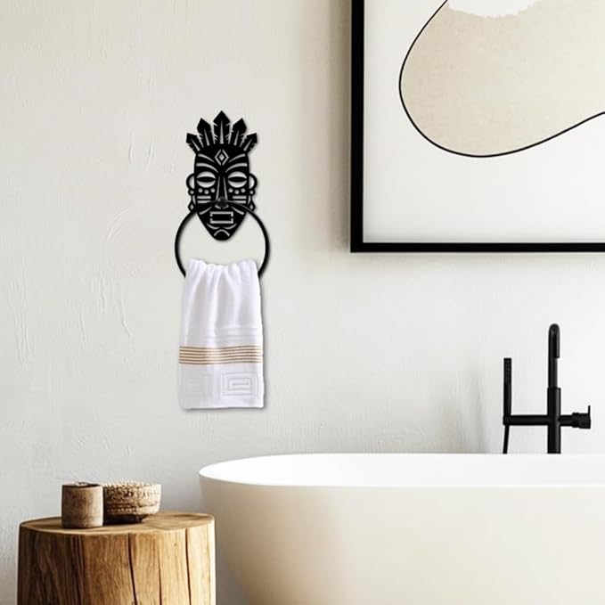 MAYJOYDIY Tribal Face Metal Towel Ring Round African Theme Hand Towel Holder Primitive Ring Hanger Wall Mount Black Vintage Towels Wall Organizer for Kitchen Bath Home Laundry Room Decors Gifts