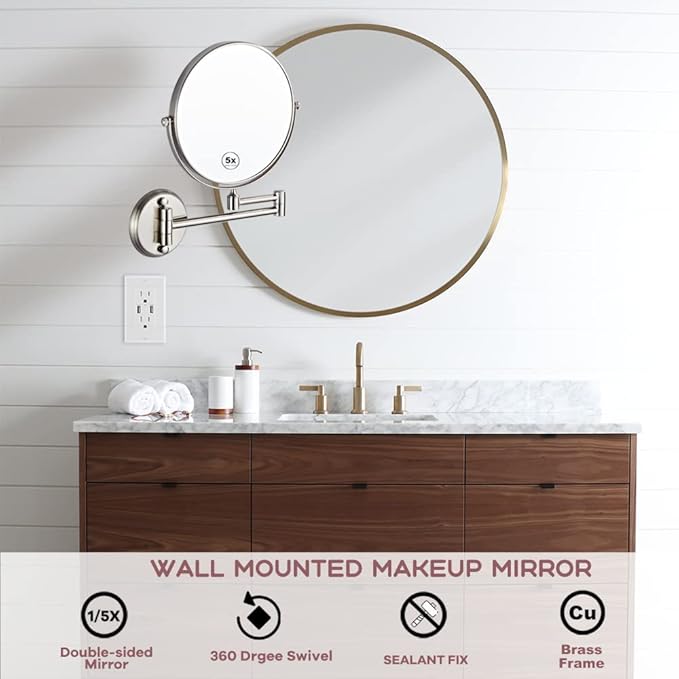 8" Double Sided Magnifying Wall Makeup Mirror, Bathroom 5X Wall Mounted Shower Mirror, 360 Swivel Extendable Arm Cosmetic Mirror, Brass Material Brushed Nickel Finish