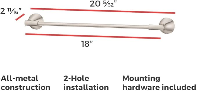 Pfister Willa Bath Towel Bar for Bathroom, 18-Inch, Wall-Mounted, Screw-In, Brushed Nickel Finish, BTBWLL1K
