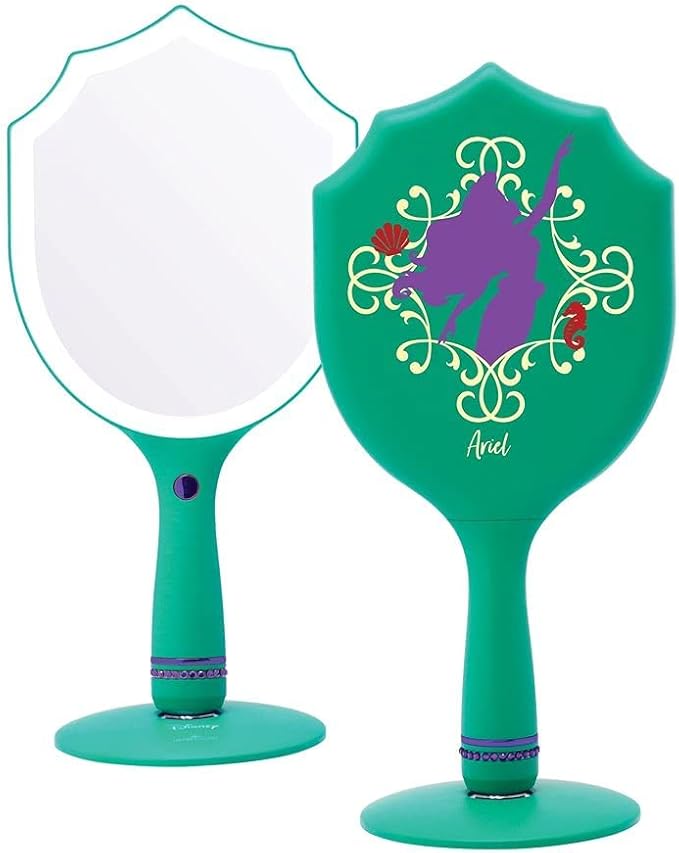 Impressions Vanity Handheld Lighted Makeup Mirror, Disney Princess Ariel LED Hand Mirror with Standing Base, Makeup Vanity Mirrors with Shimmering Button and 3 Color Modes for Travel or Bedroom