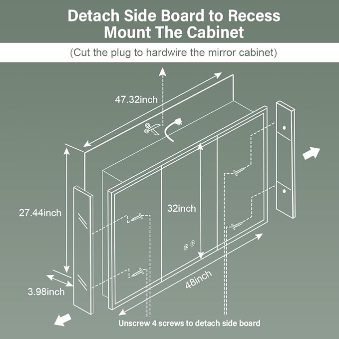 LED Medicine Cabinet,48x32inch,Recess Mirror Cabinet for Bathroom,3 Color,Dimmable,Demister, Detachable Side Panel for Recess Mount or Surface Mount,USB Shaver Socket, Internal Lighting