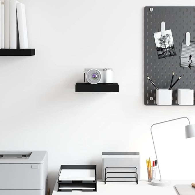 Floating Wall Shelf Black, 9.1x9.3x1.5 Inches, Modern Invisible Mounting Display Rack for Living Room Decor, Honeycomb MDF and Metal Frame, Holds 11 lbs for Books, Awards, Collectibles