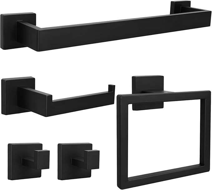 5pcs Bathroom Hardware Set, 16in Towel Bar Set, Including Square Towel Bar Square Towel Ring Toilet Paper Holder Towel Hooks, Set SUS304 Stainless Steel, Wall Mounted