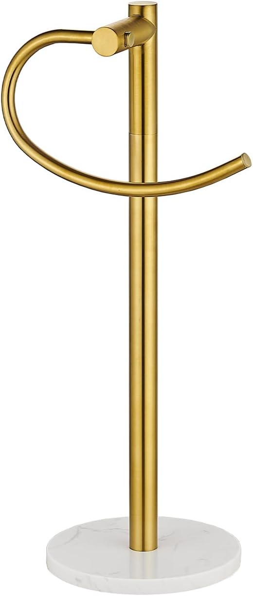Standing Towel Bar Holder - Free Standing Bathroom Towel Rack Towel Holder with Engineered Stone Base - Countertop Vanity Towel Stand for Hand/Kitchen Towels (Brushed Gold)
