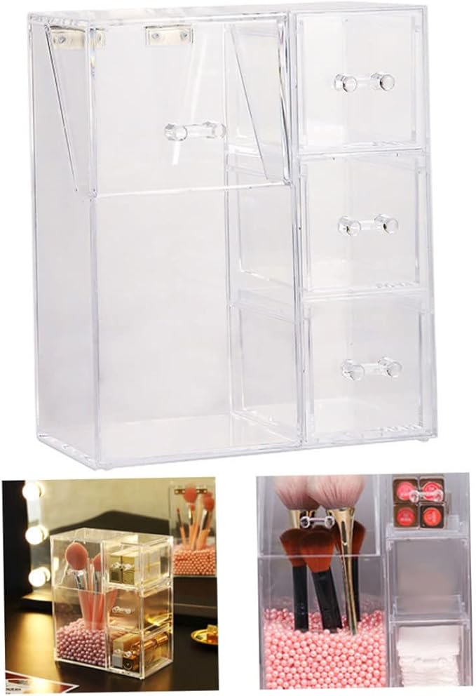 Acrylic Makeup Organizer Clear Cosmetic Brush Holder with Dustproof Lid 3 Drawers. Canisters