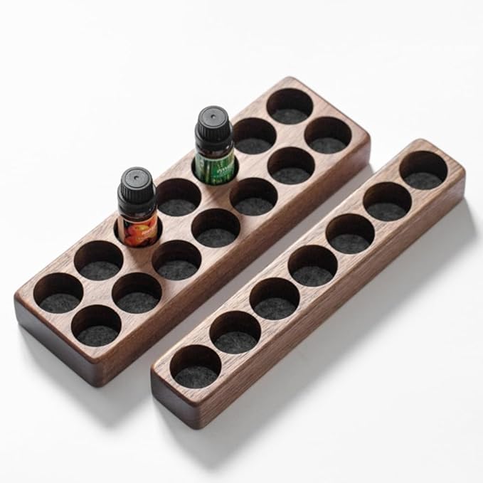 Wooden 7/14 Slots Essential Oil Organizer, Nail Polish Shelf, Durable wood Makeup Display Stand, Makeup Storage Rack for Tabletop Essential Oils Perfume Rack for 10-20ml Bottles (14 Slots)