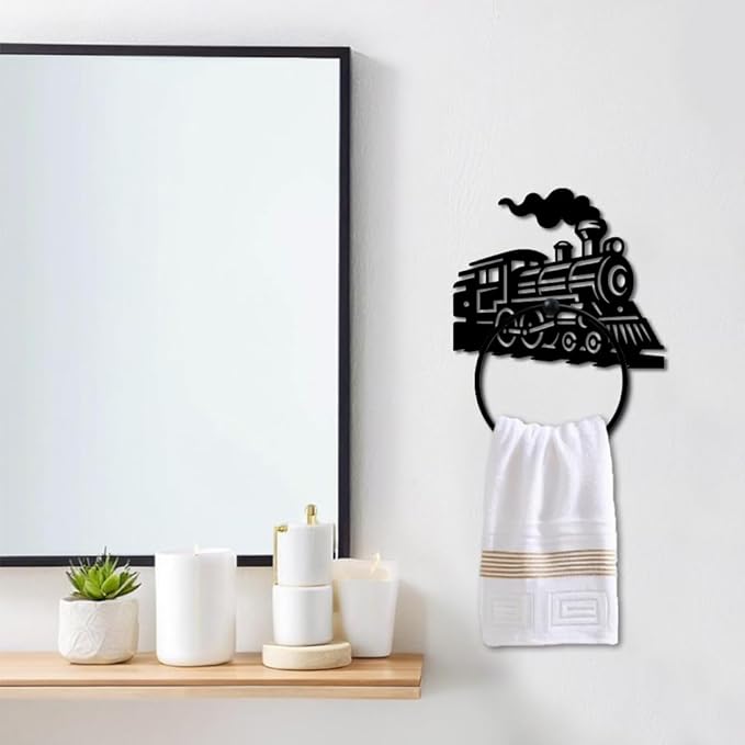 MAYJOYDIY Train Metal Towel Ring Round Vintage Train Hand Towel Holder Ring Hanger Black Vintage Towels Wall Organizer for Kitchen Bath Home Laundry Room Decors Gifts