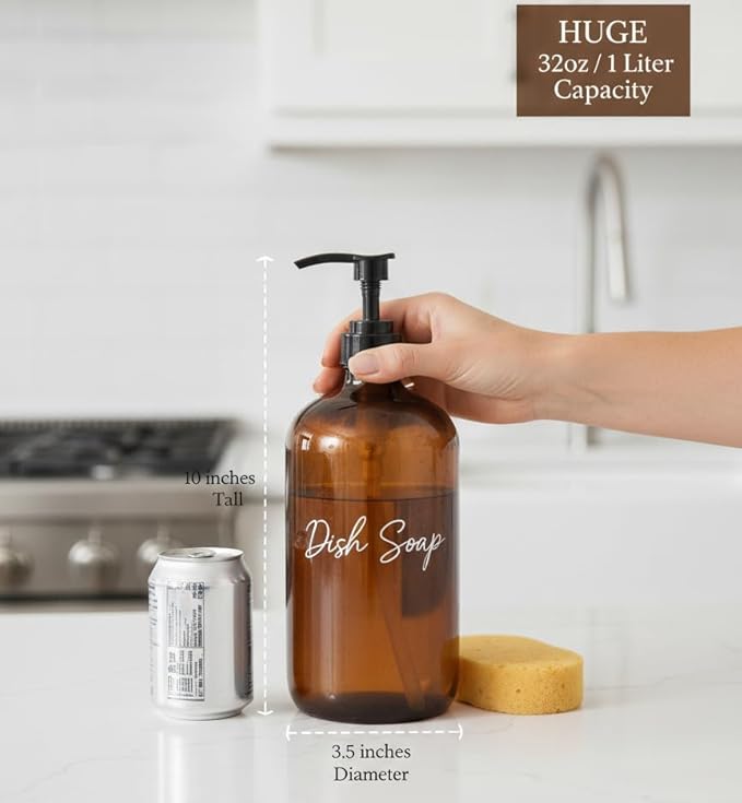 32 Ounce Glass Pump Dispenser Bottle, Large Amber Container with Pump for Shower and Bath Shampoo Soap Conditioner Lotion - 1 Liter - by Kitchentoolz