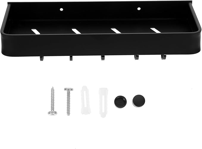 Sewroro Wall-Mounted Bathroom Shelf with Hooks, 30cm Black Aluminum Floating Shelf, Convenient Storage Rack for Bathroom Organization and Home Accessory