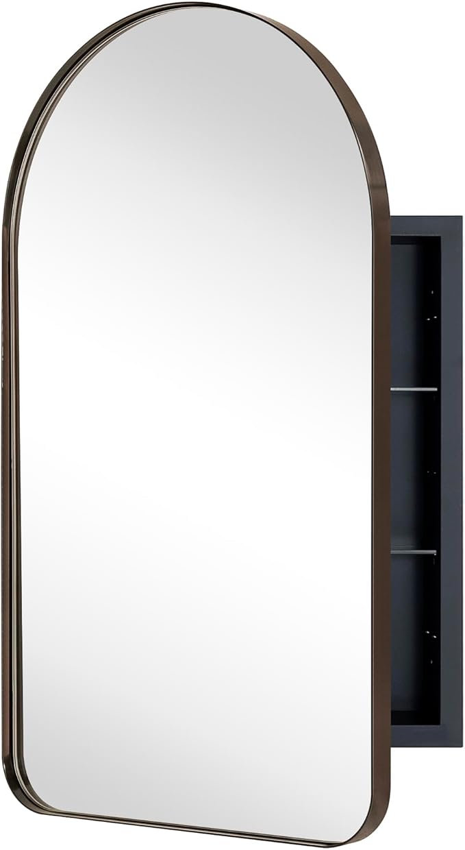 Oil Rubbed Bronze Arched Recessed Bathroom Medicine Cabinet with Mirror Stainless Steel Metal Framed Rectangular Bathroom Cabinet with Mirror 16x28.3''