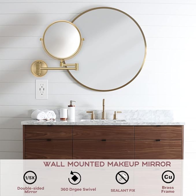 8 Inch Bathroom Makeup Mirror Wall Mounted Gold, 360 Swivel Vanity Mirror with Magnification, Extendable Arm, 1X/5X Two-Sided, Brass Material, Brushed Light Gold