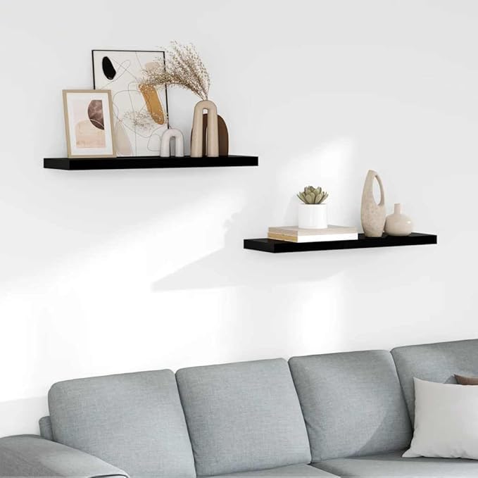 Set of 2 Floating Wall Shelves, 31.5 Inch Modern High Gloss Black Decorative Display Ledge for Bedroom, Living Room and Office, Durable MDF Storage Unit