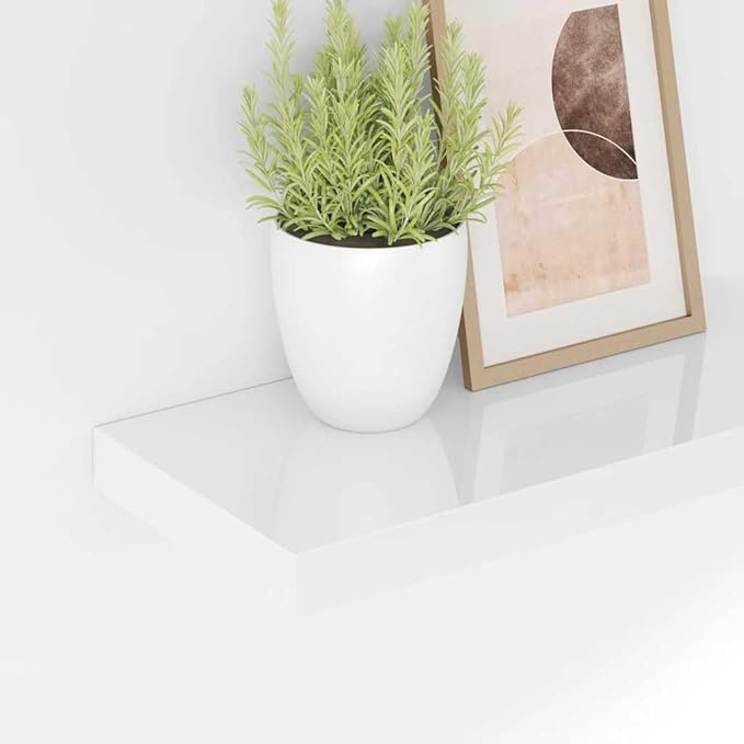 Floating Wall Shelf, High Gloss White Rectangular Shelving Unit, Modern MDF Decorative Display Shelf for Living Room, Bedroom or Office, 15.7 x 9.1 Inch