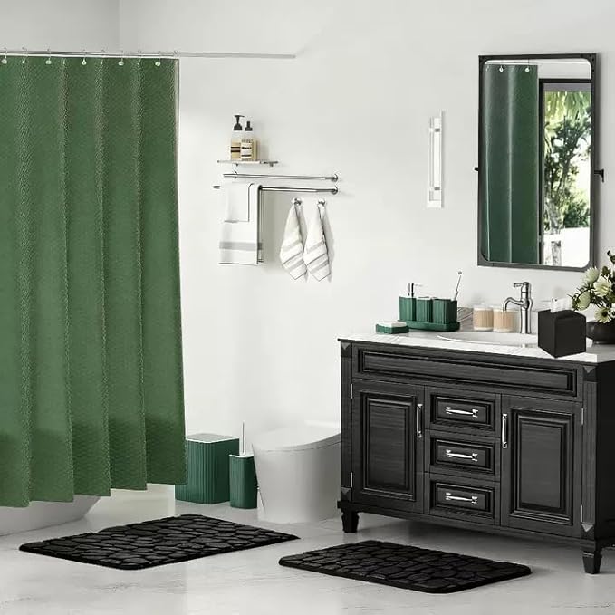 Bathroom Accessories Set, 21Pcs Green&Silver Bathroom Set, Including Shower Curtain, Toothbrush Holder, Trash Can, Toilet Brush, Bathroom Soap Dispenser Set for Bathroom Decor