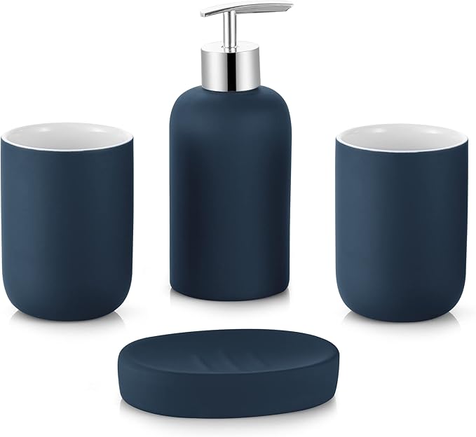DUFU Blue Bathroom Accessory Set 4 Pieces, Ceramic Bathroom Set for Bathroom Decor, Accesorios para Baños, Blue Bathroom Accessories with Soap Dispenser, Soap Dish and 2 Tumbler