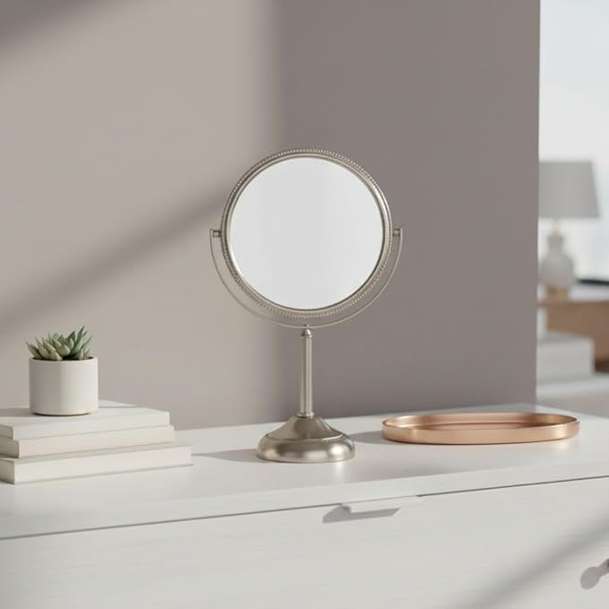 JERDON Two-Sided Tabletop Makeup Mirror - Makeup Mirror with 10X Magnification & Swivel Design - Portable 6-Inch Diameter Mirror in Nickel Finish - Model JP910NB