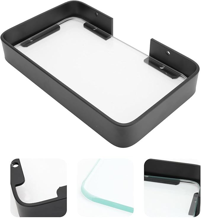 No-Drill Black Bathroom Glass Shelf Bracket Wall Mount Rack Organizer for Shampoo Cosmetics Storage Stylish Floating Corner Shelf for Toiletries Easy Installation Bathroom Wall