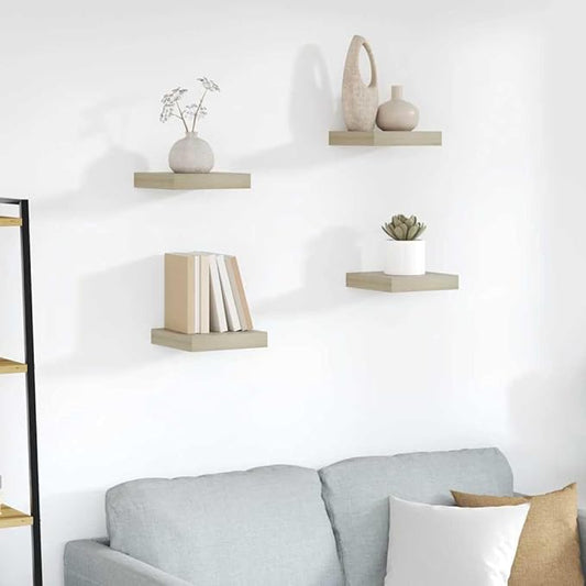 Wall Shelf Set of 4, Honeycomb Floating Shelves for Wall Decor, Oak Finish MDF Decorative Display Organizer for Living Room Bedroom Office, Small