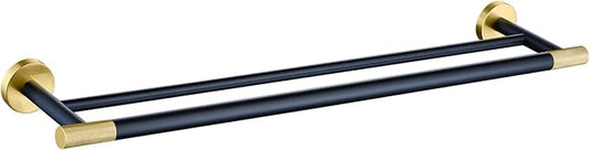24 Inch Black and Gold Double Towel Bar, Rust-Resistant 304 Stainless Steel with Solid Brass Knurled Accents, Wall-Mounted for Bathroom & Shower