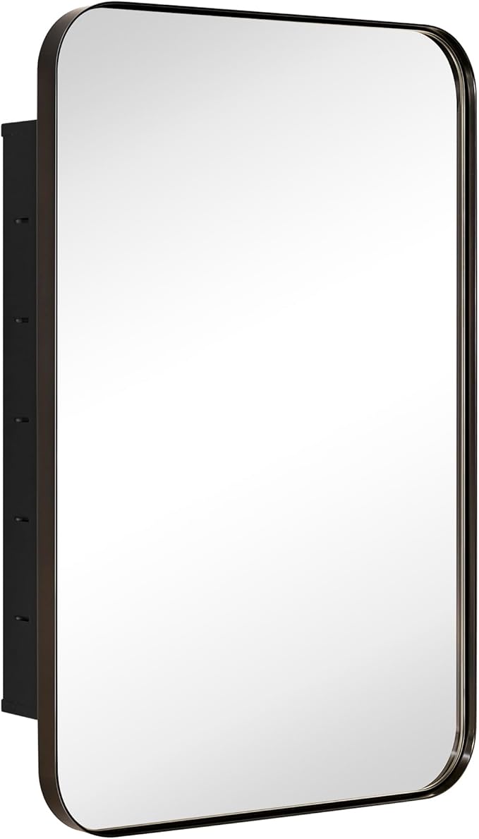 Oil Rubbed Bronze Rectangle Recessed Bathroom Medicine Cabinet with Mirror Stainless Steel Dark Bronze Metal Framed Rounded Rectangular Bathroom Cabinet with Mirror 16x24''