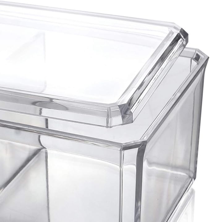 Cotton Ball and Swab Holder Organizer with Lid, Dustproof, Waterproof, Clear Acrylic 3 Compartment Cotton Pad Container for Cosmetics