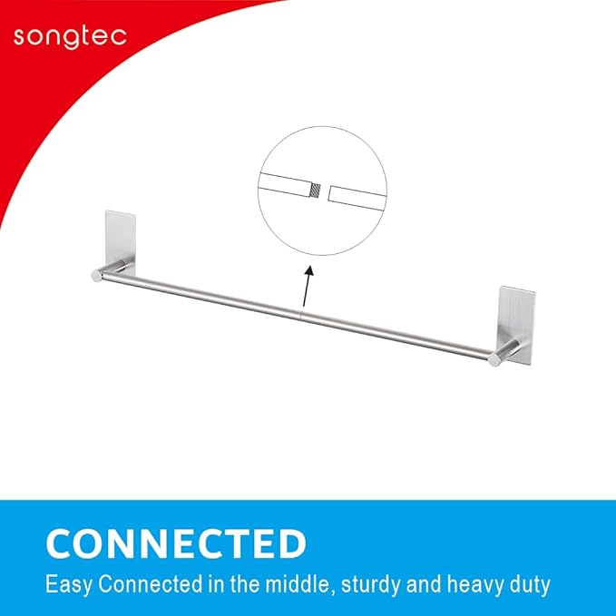 Adhesive Bath Towel Bar 24-inch, No Drill Stick On Towel Rack, Easy Install with Self-Adhesive, Premium SUS304 Stainless Steel (Brush Nickle, 24)