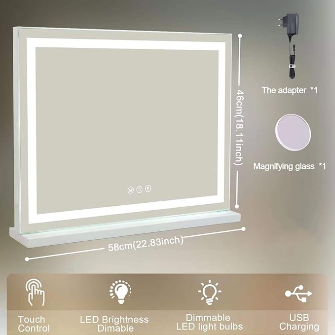 Sucedey 23" x 19" Vanity Mirror with Lights, Large Makeup Mirror with 3 Color Modes & Adjustable Brightness, Detachable 10x Zoom Mirror,Smart Touch Control,Plug in(Tabletop & Wall-Mounted)